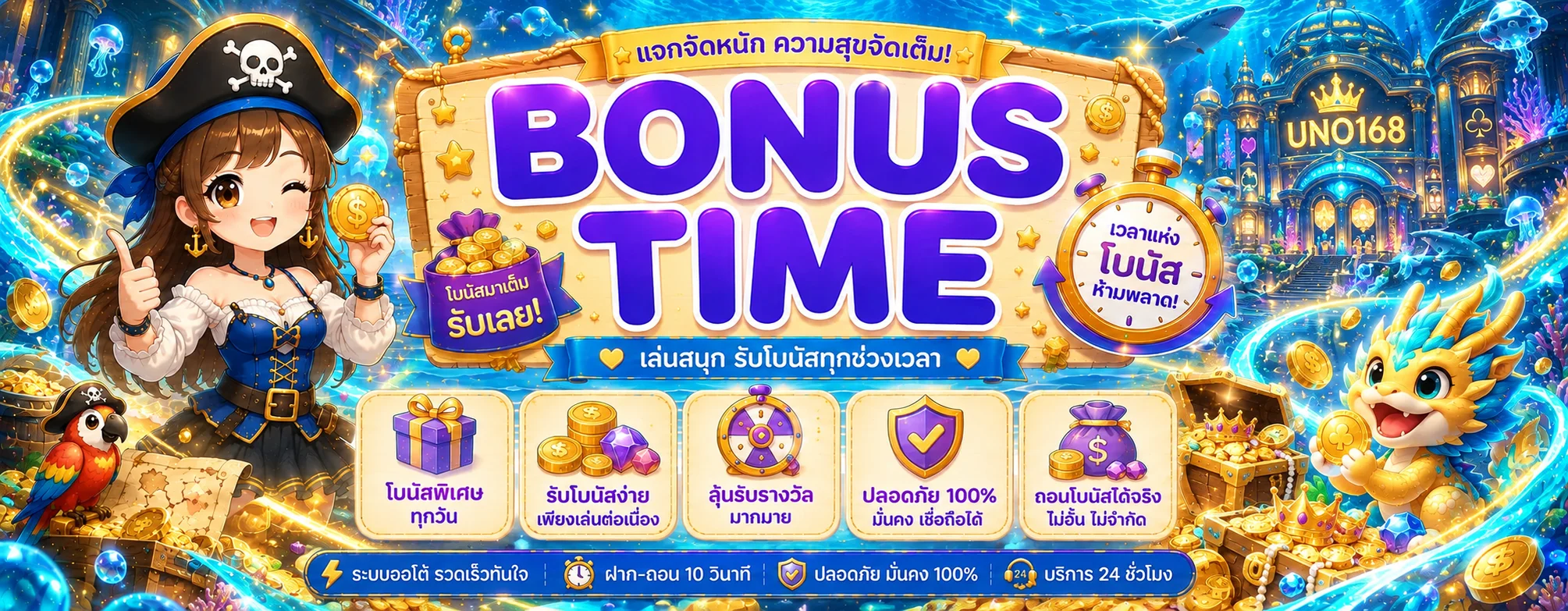 แบนเนอร์ UNO168 สล็อตโบนัสและเกมค่ายยอดนิยม